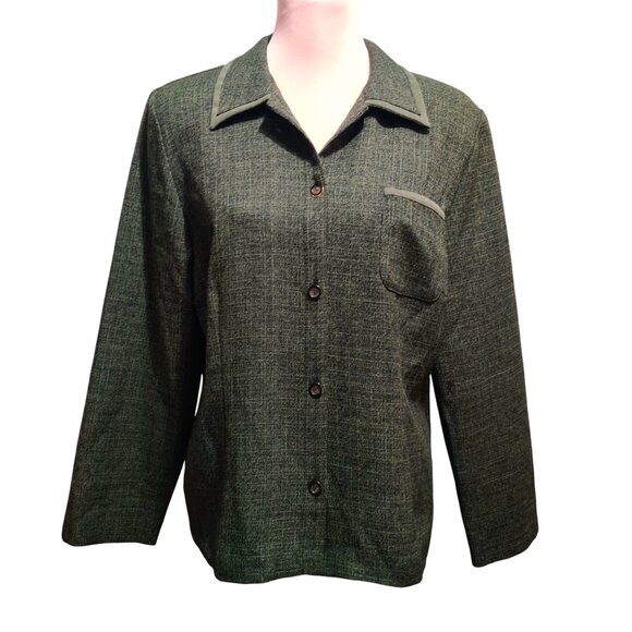 Sag Harbor L Womens Blazer Green Vintage Textured Suit Jacket Contrast Trim Chic - Picture 1 of 10